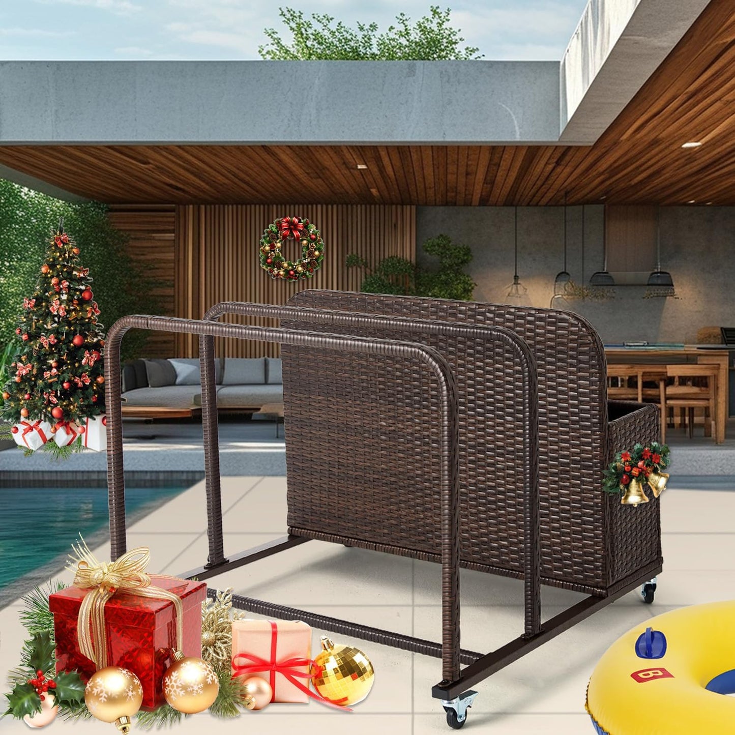 Poolside Float Storage Organizer, Outdoor Wicker Rattan Pool Float Holder Storage Rack for Basket Box Patio Pool Storage Caddy with Rolling Wheels for Pool Toy Noodles Equipment Accessroies Espresso