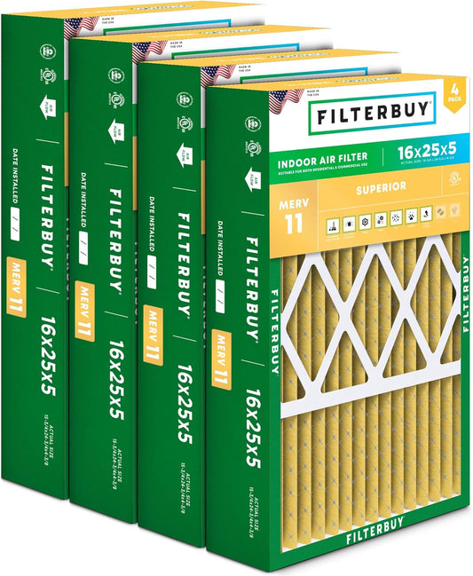 Filterbuy 16x25x5 Air Filter MERV 11 Superior Pet & Allergy Defense (4-Pack), Pleated HVAC AC Furnace Filters for Honeywell FC100A1029, Lennox X6670, and More (Actual Size: 15.75 x 24.75 x 4.38)
