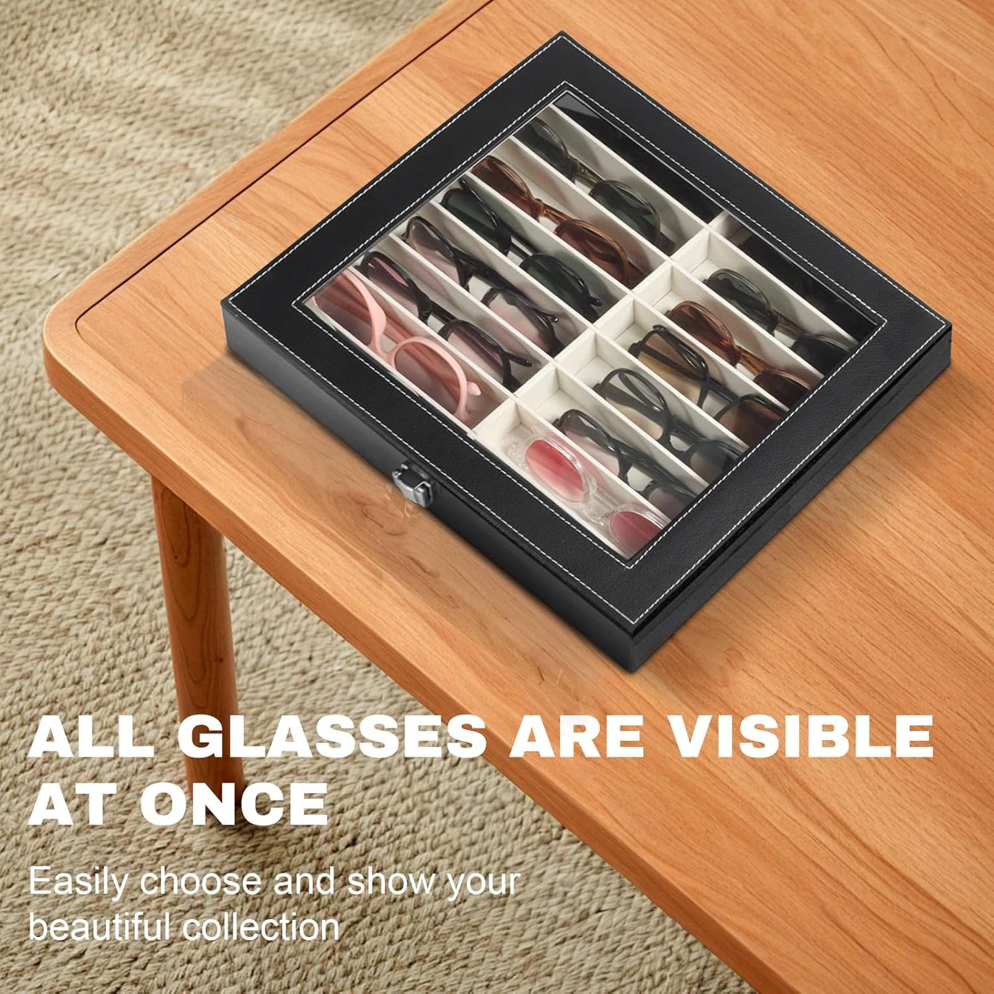 Sunglasses Organizer Case with Adjustable Slots, Eyeglasses Display with Lid, Eyewear Storage Box for Large Glasses