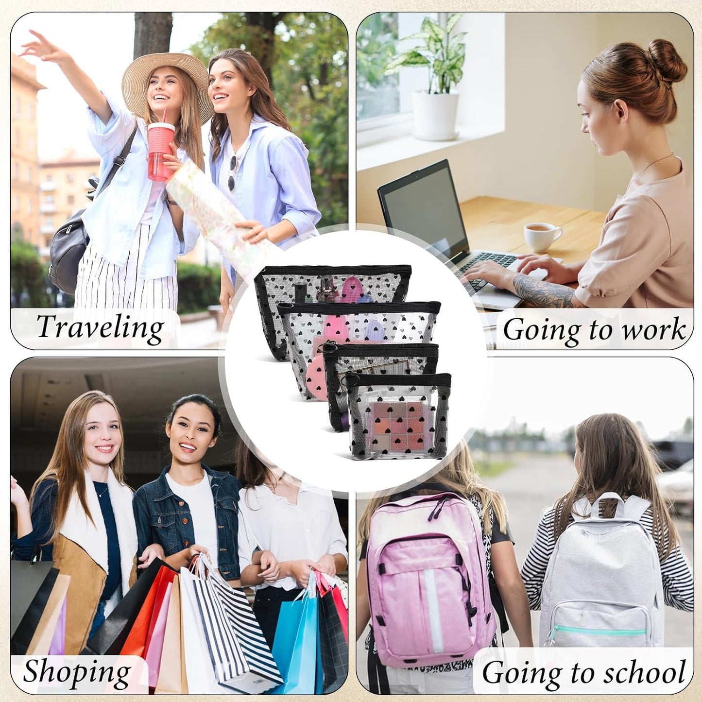 4 PCS Heart Printed Mesh Makeup Bag Set, White & Black Mesh Makeup Bag with Zipper Lipstick Accessories Organizer Mini Travel Organizer Bags for Women(2 Small 2 Medium)