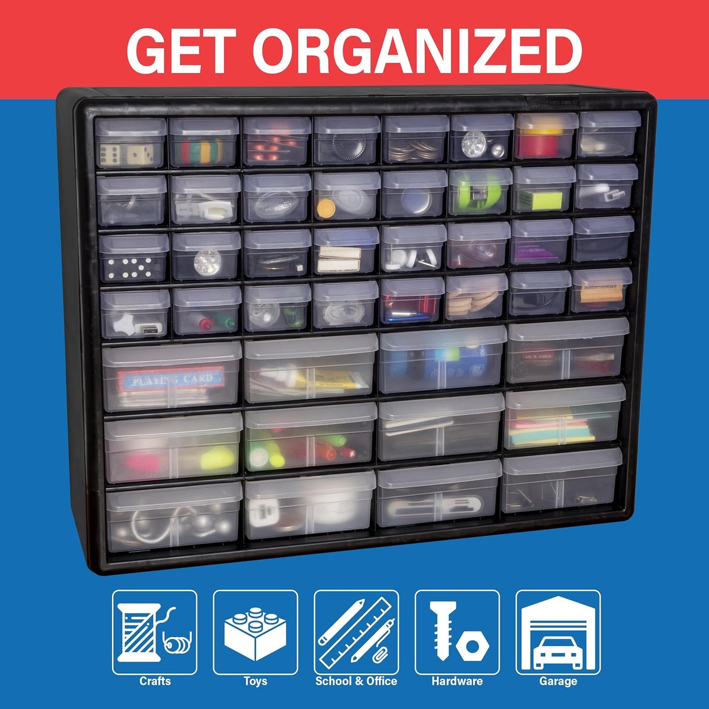 Akro-Mils 44-Drawer Plastic Drawer Storage Cabinet for Garage Organization, Bead Organizer, Building Bricks Storage, Teacher Toolbox, Makeup Organizer, 20" W x 6" D x 16" H, 10144 Black