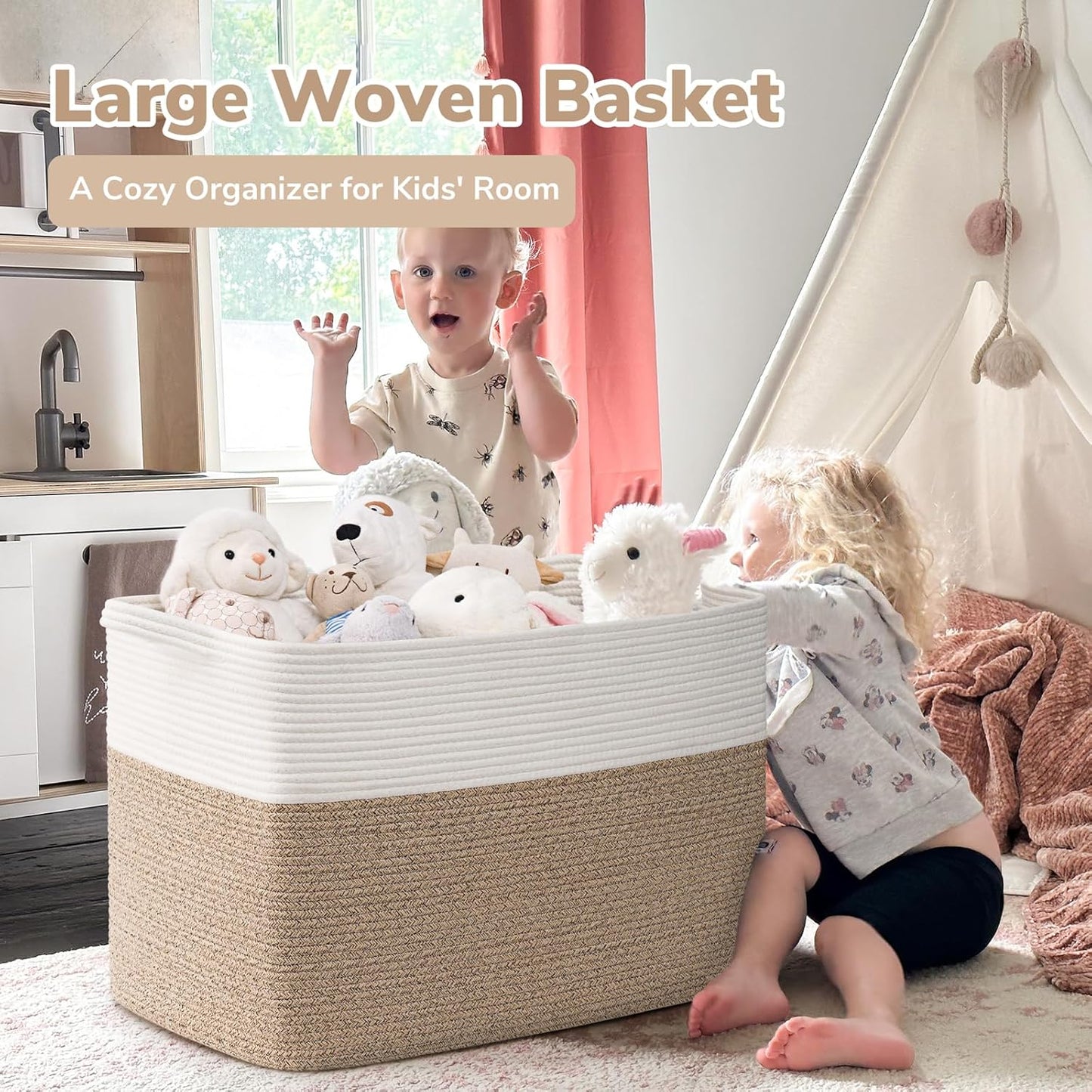 Goodpick Large Woven Blanket Basket 105L, 25"x16"x16" Cotton Rope Organizer for Toys, Dirty Clothes, Extra Large Rectangle Storage Basket for Living Room, Bedroom, White & Brown