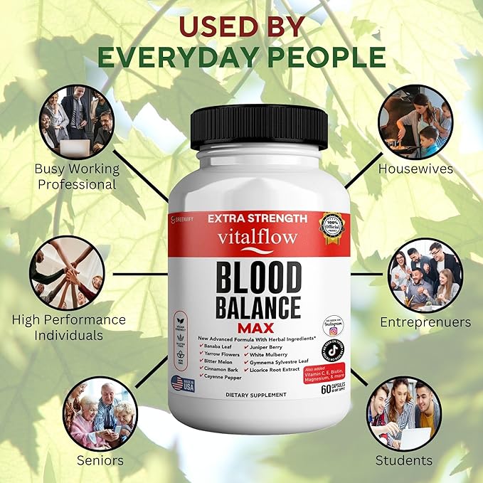 VitalFlow Blood Balance Max | Advanced Herbal Formula with Banaba Leaf, Juniper Berry, Bitter Melon & More | Vegan, Gluten-Free, Non-GMO | 60 Capsules, 60-Day Supply | Made in USA (1)