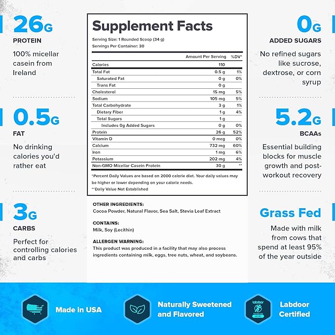 LEGION Casein Protein Powder (Dutch Chocolate) - Slow-Release Micellar Casein Protein Powder - Non-GMO, Gluten-Free & Naturally Sweetened Powder from Grass-Fed Cows (25 Servings)