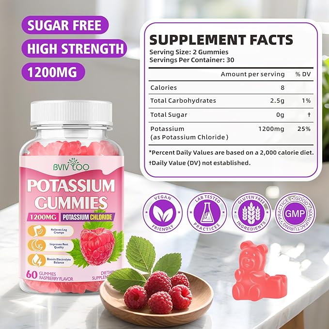 Sugar Free Potassium Gummies for Adults with 1200mg Potassium Chloride - Supports Muscle Health & Leg Cramps, Raspberry Flavor, 60 Gummies
