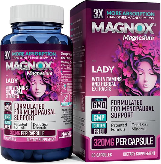 MAGNOX Lady Magnesium Supplement | Menopause and PMS Support Supplement for Women | Magnesium Complex with Vitamins B6, B1, B12, D, Zinc | High-Absorption Dead Sea Organic | 60 Capsules