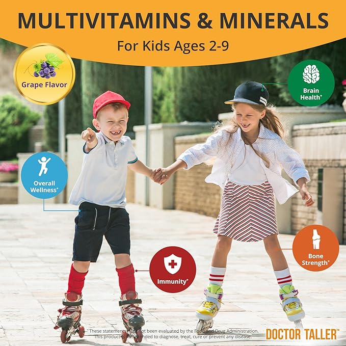 Doctor Taller Kids - Kids Multivitamins, Toddler Vitamins - Support Bone Strength, Enhanced Immunity with Calcium, Multivitamins for Ages 2 to 9 - Grape Flavor - 90 Vegan Chewable Tablets | 3 Pack