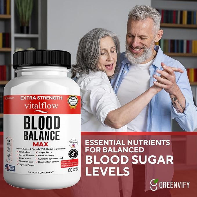 VitalFlow Blood Balance Max | Advanced Herbal Formula with Banaba Leaf, Juniper Berry, Bitter Melon & More | Vegan, Gluten-Free, Non-GMO | 60 Capsules, 60-Day Supply | Made in USA (1)