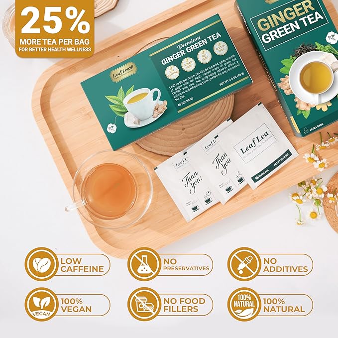 LeafLea Ginger Green Tea, 120 Tea Bags, Premium Green Tea Blend with Pure Ginger Root, Supports Digestive Wellness, Natural Flavor, Low Caffeine, Sugar-Free