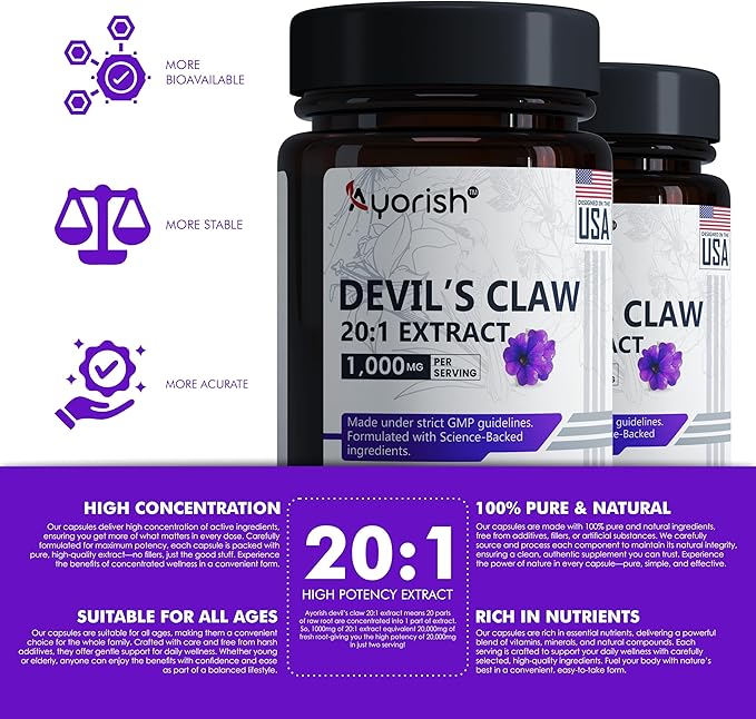 Devils Claw 1000mg | 120 Capsules | 20:1 Concentrated Root Extract | Devils Claw Herbal Supplement | Non-GMO, Gluten Free Supplement