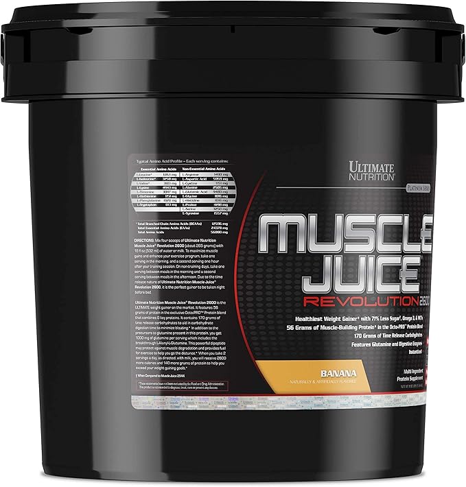Ultimate Nutrition Muscle Juice 2600 Revolution, Weight Gain Drink Mix - Mass Gainer Workout Powder Supplement for Lean Muscle Growth & Recovery with 56g Protein Blend - Banana, 11.105lb