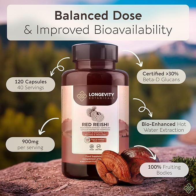 Longevity Botanicals Reishi Mushroom Extract Capsules (120) | Concentrated 10:1 Ratio | 100% Fruiting Bodies | Lingzhi (Ganoderma lucidum) Supplement for Immune, Stress & Sleep Support