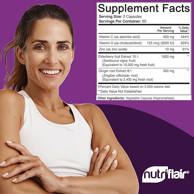 NutriFlair Sambucus Elderberry, 120 Veggie Capsules - 5 in 1 Immune Support and Antioxidant Supplement with Vitamin C, Vitamin D3 5000 IU, Zinc, Ginger, Black Dried Elderberry Pills - 2 Month Supply
