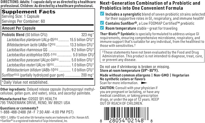 Klaire Labs SFI Health Ther-Biotic Synbiotic Prebiotics & Probiotics for Women & Men - Daily Probiotic with Low FODMAP Prebiotic - Gut, Immune, Respiratory & Digestive Health Support (60 Capsules)