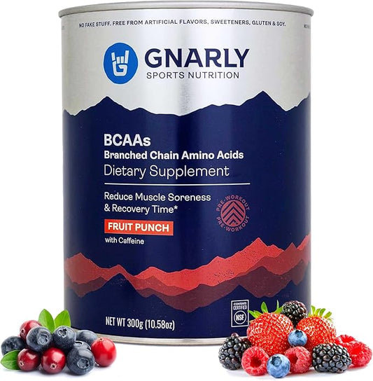 Gnarly Nutrition BCAA Powder, Fruit Punch – Pre-Workout BCAAS Amino Acids – NSF Sport Certified – Supplement to Support and Rebuild Muscle – Fruit Punch with Caffeine, 10.58 oz