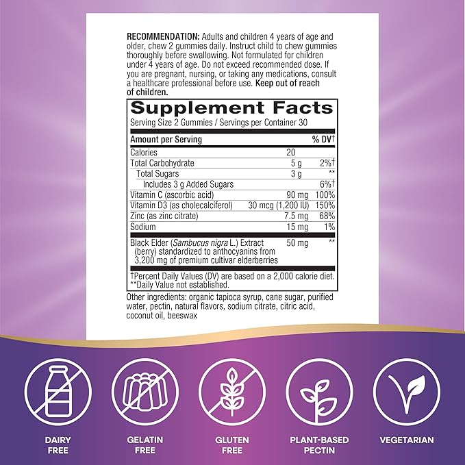 Nature’s Way Sambucus Elderberry Immune Support Gummies for Kids & Adults* with Black Elderberry Extract, Vitamin C, Vitamin D3, and Zinc, 60 Gummies (Packaging May Vary)