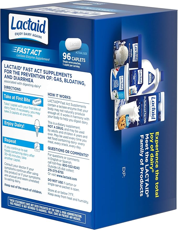 Lactaid Fast Act Lactose Intolerance Caplets with Lactase Enzyme, Dairy Relief from Gas, Bloating & Diarrhea, 9000 FCC Lactose Intolerance Pills, 96 Individual Travel On-The-Go Packs (96 x 1 ct)