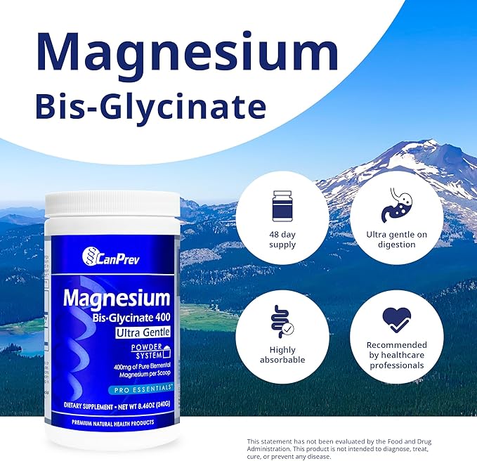 CanPrev Magnesium Bisglycinate 400 Ultra Gentle Powder 240g 48 Servings, 400mg Elemental Magnesium Per Scoop, Supports Restful Nights, Muscle Function, Gentle on Digestion, Vegan, Non-GMO, Gluten-Free