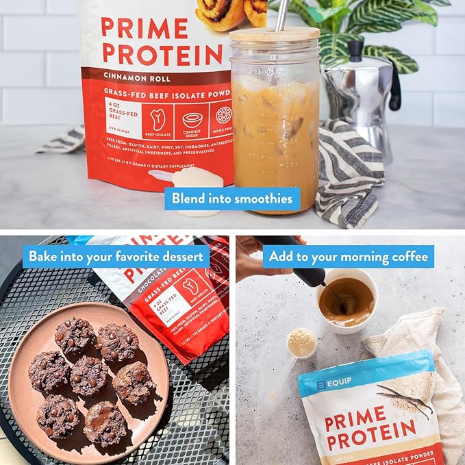 Equip Foods Prime Protein Powder | Clean, Grass Fed Beef Protein Isolate | Carnivore Protein Powder | Paleo, Keto Friendly | Gluten, Dairy Free | 30 Servings, Cinnamon Roll