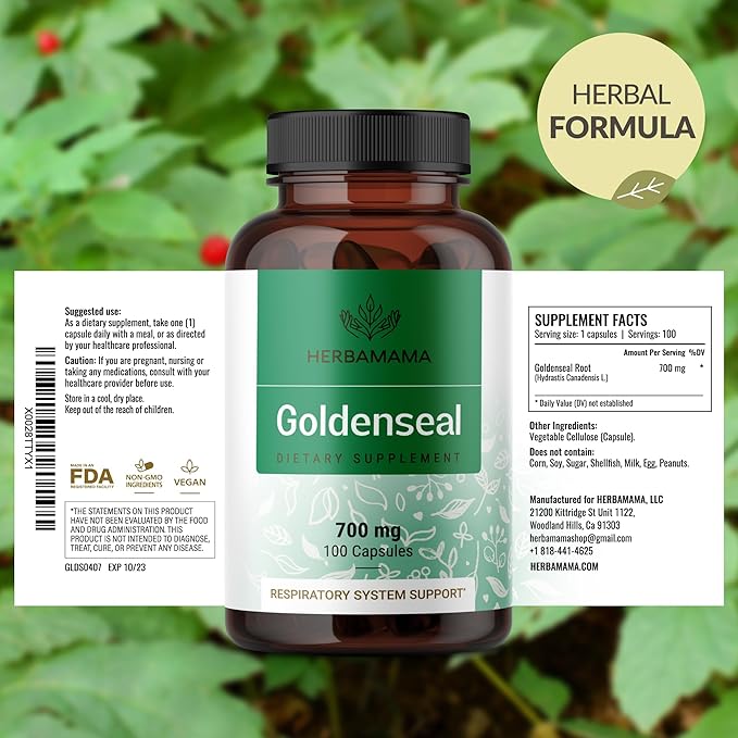 HERBAMAMA Goldenseal Root Capsules 700mg - Respiratory System & Immune Support with Goldenseal Powder Supplement - Vegan, Non-GMO
