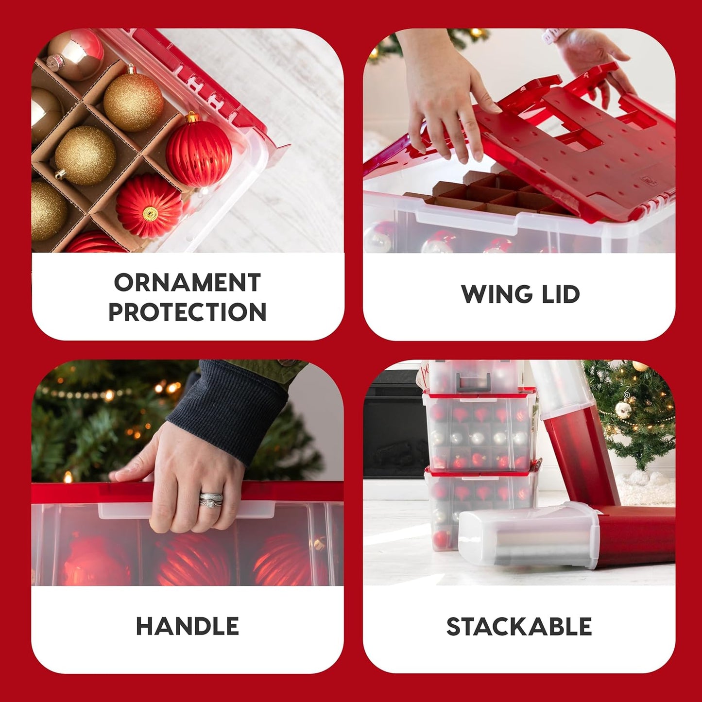 IRIS USA Ornament Storage Box with Attached Lid, Stores 75 Ornaments per Bin, 2-Pack, Stackable Durable Christmas Storage Organization Container Bin for Holiday Decorations and Accessories, Clear/Red