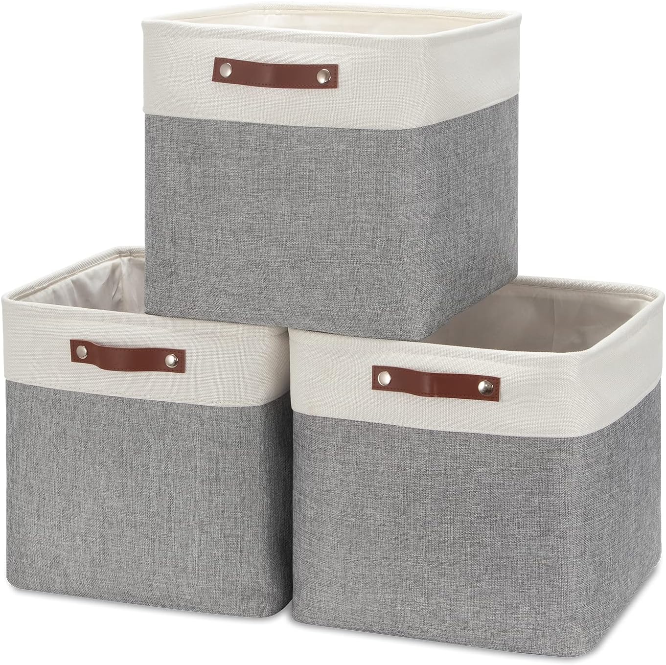 HNZIGE Storage Foldable Storage Baskets Cubes Set(3 Pack) Fabric Bins for Shelves,13 Inch Storage Basket for Organizing with Leather Handles for Home, Toys, Clothes,Closet Storage(White&Gray)