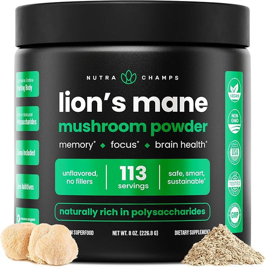 NutraChamps Organic Lions Mane Powder - 2000mg Powerful Nootropic for Memory, Focus, Immune Support - Vegan Lion’s Mane Mushroom Powder Supplement with Naturally Occurring Beta-Glucans - 8oz