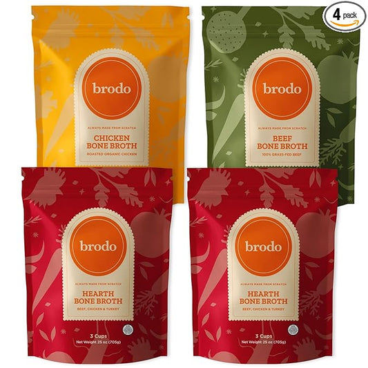 Brodo Classic Variety Pack with Collagen & Protein, Includes Organic Chicken, 100% Grass-Fed Beef, & Hearth Bone Broths for Sipping & Cooking, Nutrient-Dense & Slow-Simmered for Deep Flavor (4 x 25oz)