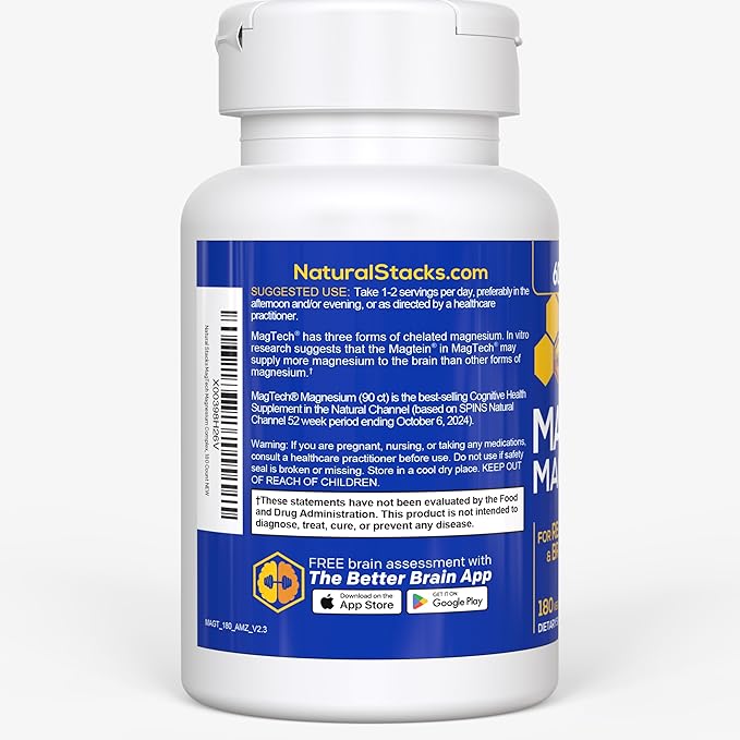MagTech Magnesium Supplement - 3 Forms of Magnesium: Magtein L-Threonate, Glycinate & Taurate - 200mg Chelated Magnesium Complex - Supports Relaxation & Brain Health - 180 Capsules