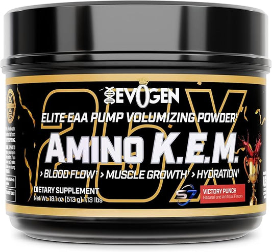 Evogen Amino K.E.M. - EAA & BCAA Powder Pump Volumizer | BCAAs Amino Acids Supplement for Blood Flow, Muscle Growth, & Hydration | Victory Punch | 30 Servings