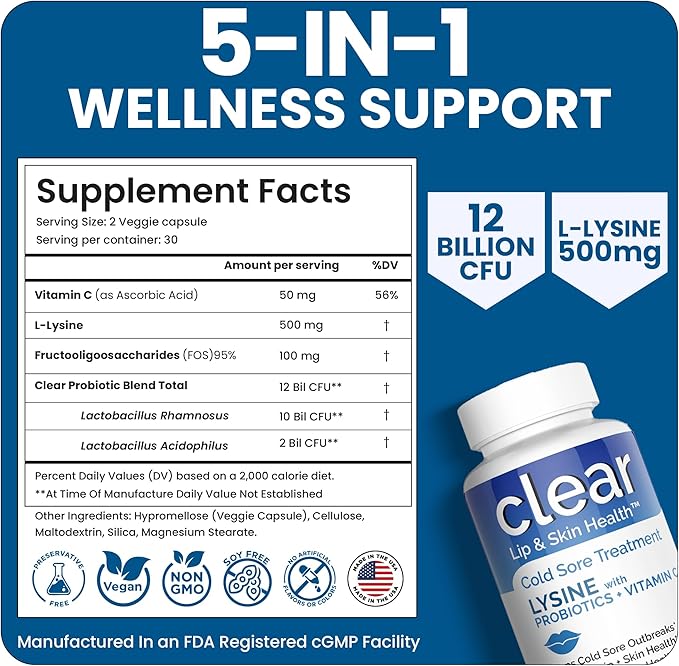 Lysine Cold Sore Treatment for Lips – with Lactobacillus Rhamnosus, Acidophilus and Vitamin C – Cold Sore Supplement for Lip & Skin Health, Immune Support & Prevention – 180 Capsules