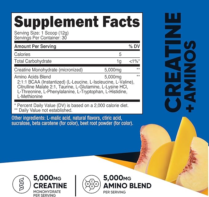 Nutricost Creatine + Aminos 30 Servings (Peach Mango Flavored) - 5,000mg Creatine Monohydrate + 5000mg Amino BCAA Blend Per Serving