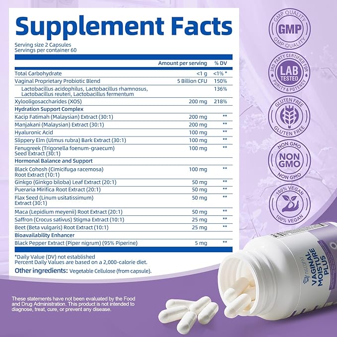 Vaginal Probiotics for Women – Vaginal Moisture Capsules-Plant-Based Capsules with Slippery Elm, Fenugreek & Kacip Fatimah – Support Vaginal Moisture & Internal Comfort – 120 Count