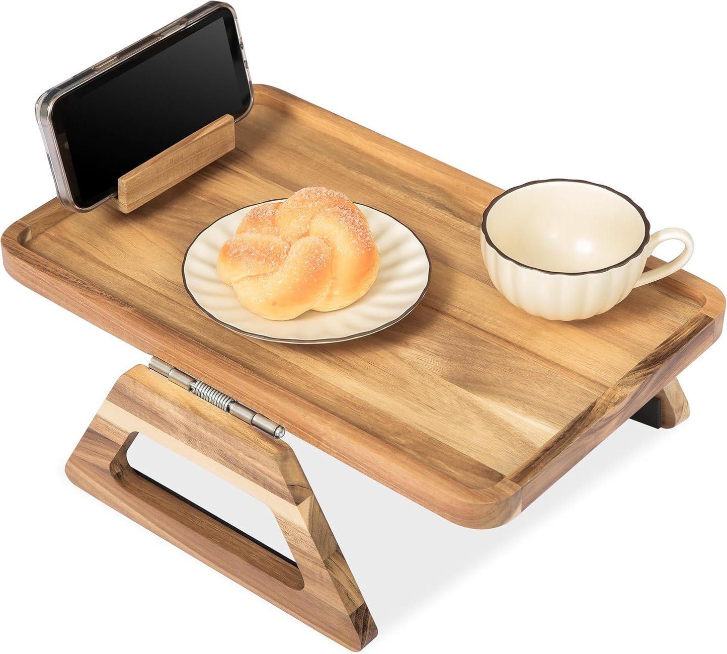 Acacia Wood Arm Table (15.35" D x 9.8" W x 5.7" H), Couch Arm Tray for TV Dinners, Remote, Foldable Armrest Organizer, Rectangular Sofa Armrest Tray - Light Natural