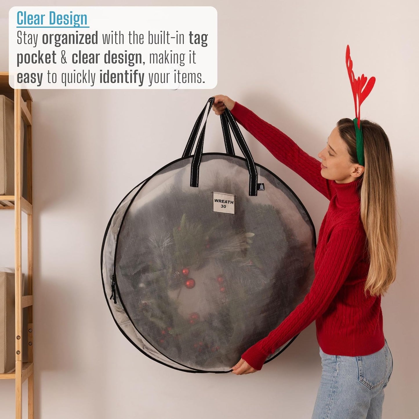 VENO 4 Pack Christmas Wreath Storage Container - 30 Inch Clear Wreath Bag, Christmas Garland and Holiday Decoration Organizers with Zipper and Durable Handles (Clear, 30"-4 Pack)