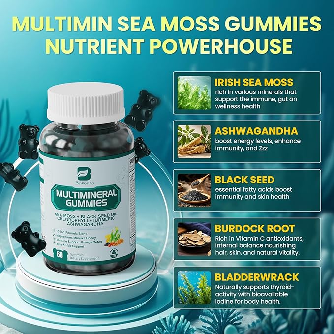 Sea Moss Black Seed Oil Ashwagandha Gummies, Irish Sea Moss Multimineral Supplement with Turmeric, Magnesium, Chlorophyll, Elderberry, Manuka Honey, Bladderwrack, Burdock Root, Vegan