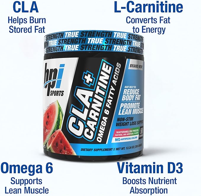 BPI Sports CLA+Carnitine – CLA L Carnitine & Linoleic Acid – L Carnitine Supplement for Weight Loss, Metabolism & Lean Muscle – Caffeine Free – Watermelon Freeze – 50 Servings – 12.34 oz