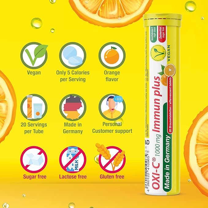 T&D Oxi C 1000 mg Vitamin C - 100 Vegan Drink Effervescent Tablets - Orange Flavor - Made in Germany