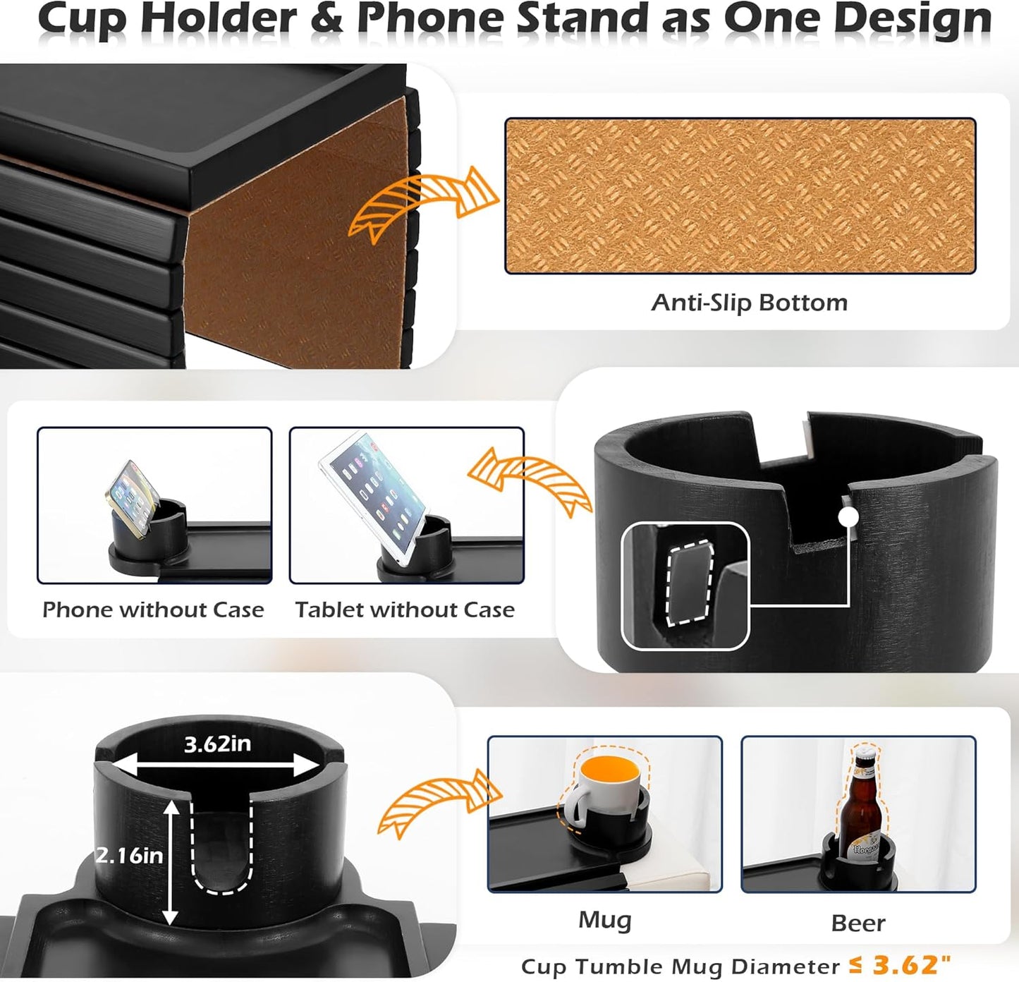 Couch Cup Holder Tray, 3 in 1 Large Couch Arm Trays,Bamboo Chair Clip on Tray with 360° Ratated Phone Holder for Couch,Armrest Tray for Snacks,Remote,Phone