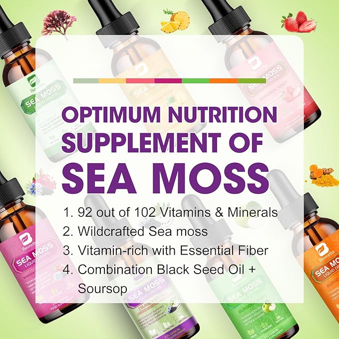 Sea Moss Liquid Drop - Black Seed Oil & Irish Sea Moss Gel with Ashwagandha, Soursop Bitters, Burdock Root, Bladderwrack, Elderberry, 6X Stronger Seamoss Supplment for Immune, Gut Health, Hair Support