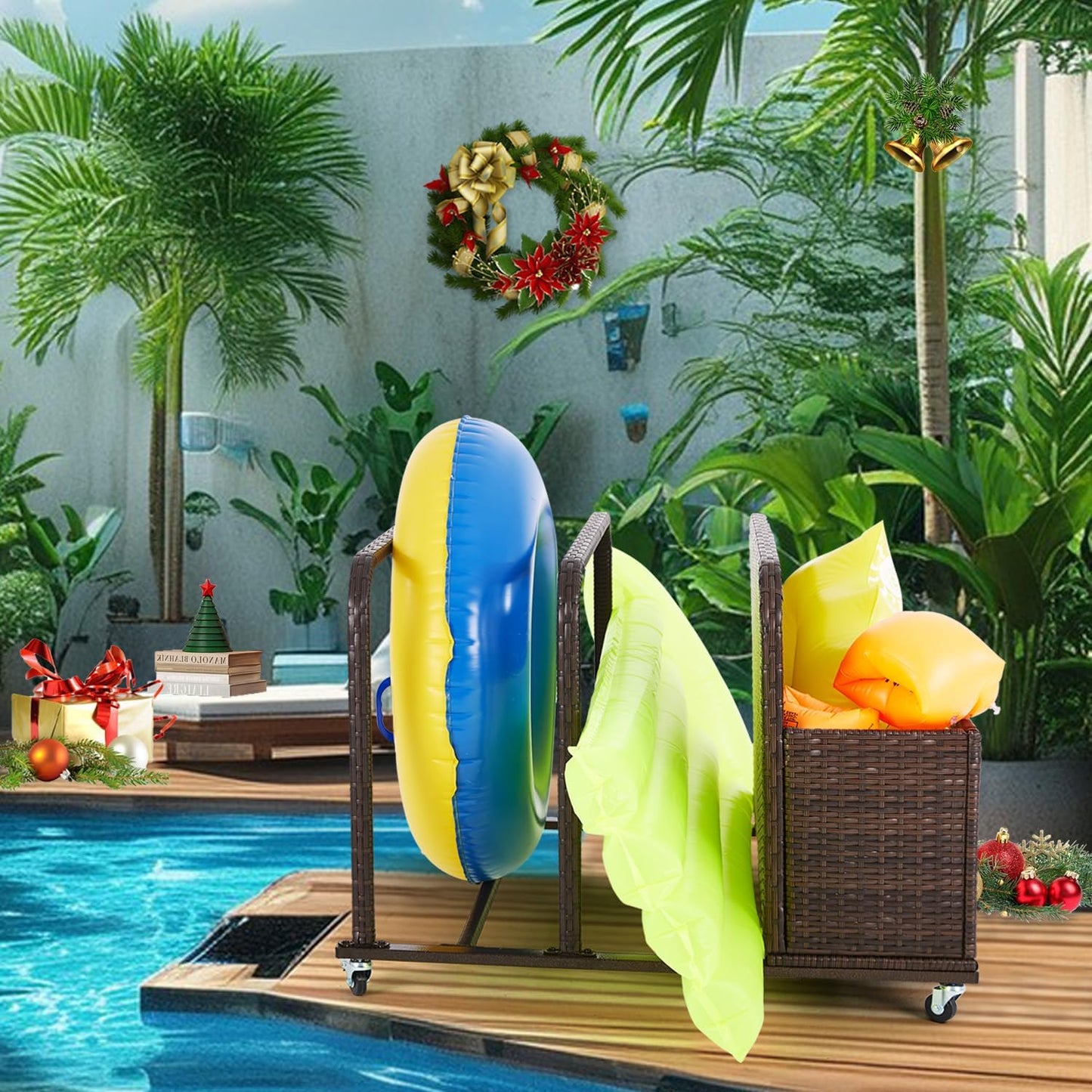 Poolside Float Storage Organizer, Outdoor Wicker Rattan Pool Float Holder Storage Rack for Basket Box Patio Pool Storage Caddy with Rolling Wheels for Pool Toy Noodles Equipment Accessroies Espresso