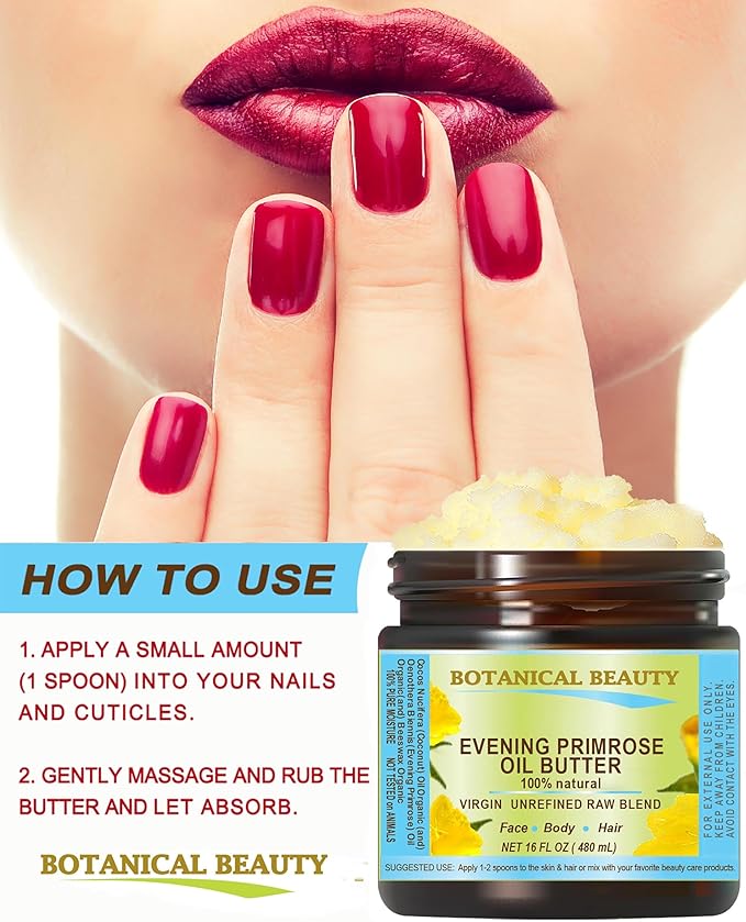 Botanical Beauty EVENING PRIMROSE OIL BUTTER Pure Natural Virgin Unrefined RAW for FACE, SKIN, BODY, DAMAGED HAIR, NAILS. (8 Fl Oz)