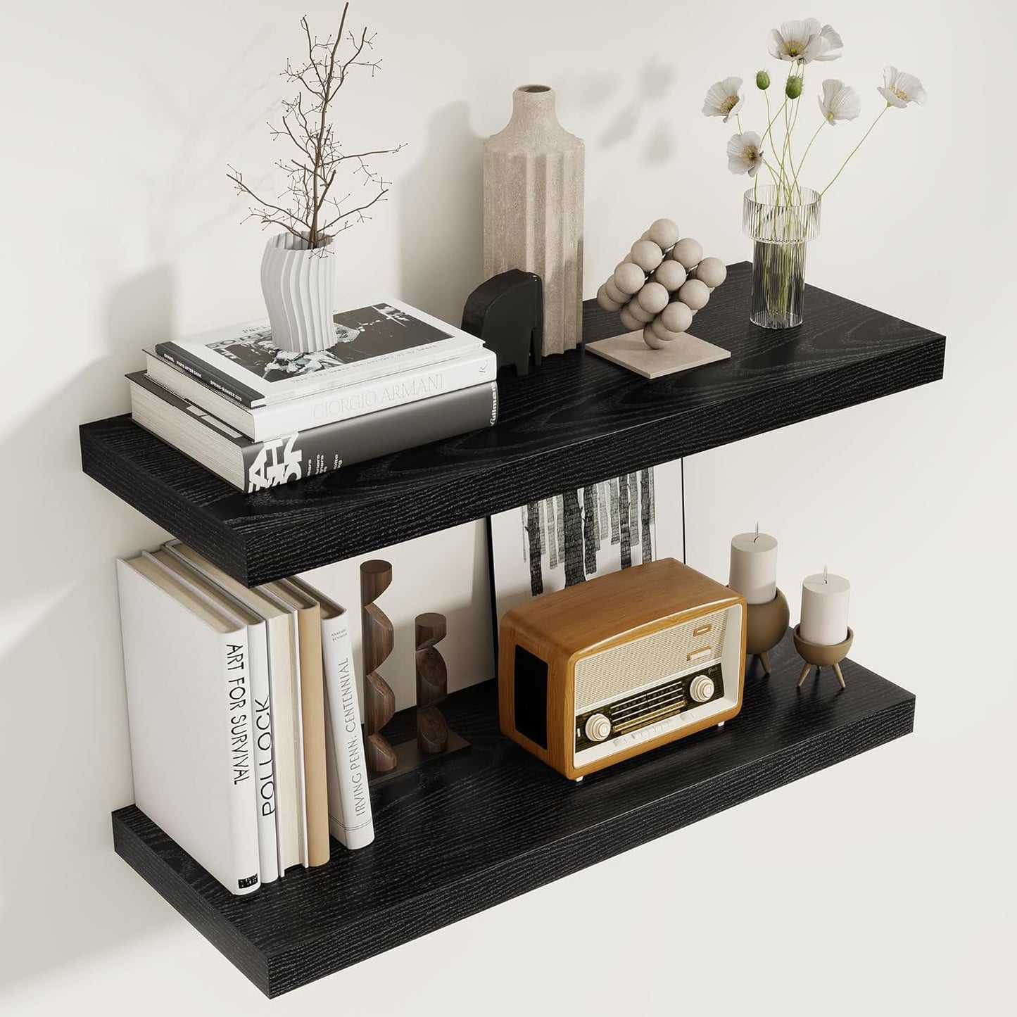 Black Floating Shelves for Wall, 27.5 Inch Bathroom Shelves Set of 2, Rustic Wood Wall Shelf with Invisible Brackets for Books|Storage|Decor, 8 Inch Deep Floating Shelf for Bedroom|Kitchen