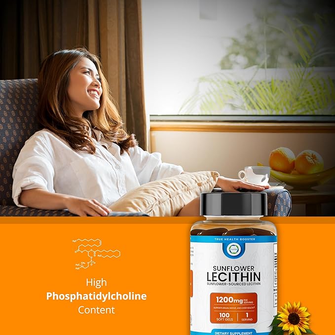 Sunflower Lecithin 1200 MG 100 Softgels, 100-Day Supply Guaranteed Pure, Non-GMO, Soy-Free, Supports Brain, Heart, Nerve, Liver Health, Cognitive Function, Healthy Cholesterol, High Absorption Formula