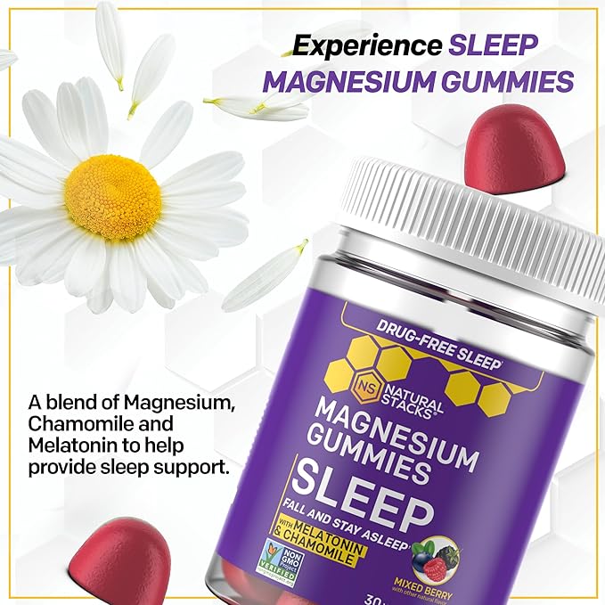 Sleep Magnesium Gummies with Melatonin - 200mg Magnesium Citrate - Melatonin Gummies for Sleep Quality - Nighttime Aid for Adults with Chamomile - 30 Mixed Berry Chewables