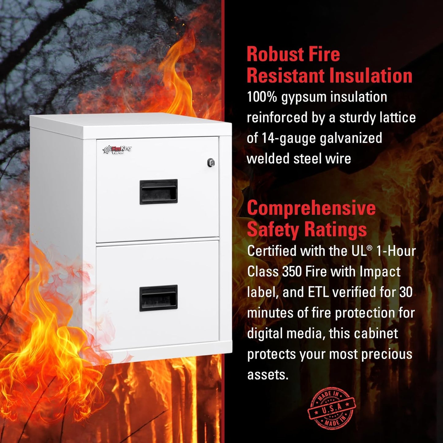 FireKing Turtle Vertical 2 Drawer Legal and Letter Fire Safe File Cabinet with Key Lock, 1 Hour Fire Rated, UL Rated & Water Resistant Home Safe, Filing Cabinet, Made in The USA, Arctic White