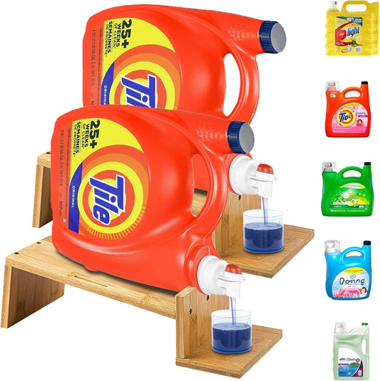 TidyFriend 2 Pack Laundry Detergent Dispenser with Tray & Strap, Laundry Soap Dispenser with Non-Slip Rubber Feet for Washing Room Organization, Easy Pour (Wood)