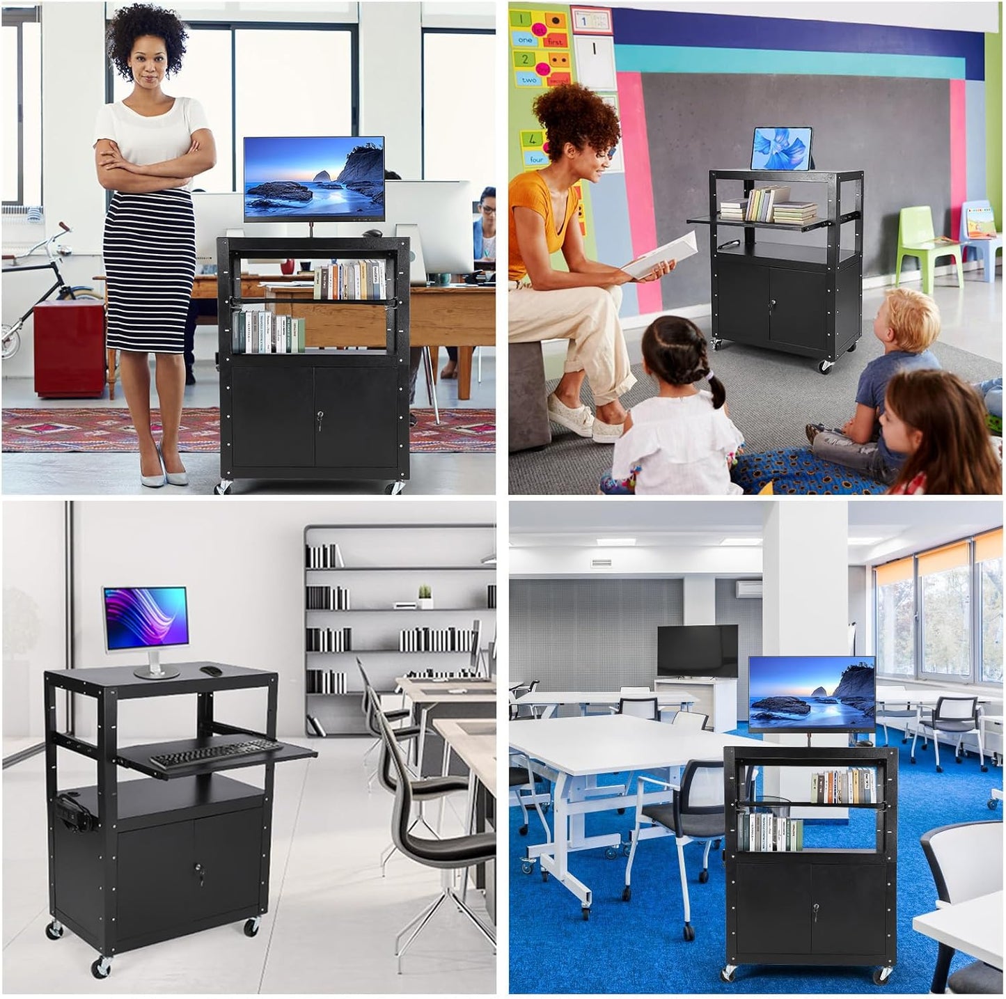 Mobile AV Cart with Locking Storage Cabinet, Adjustable Laptop Stand & Drop Leaves, Rolling Workstation with Power Outlets for Classroom, Office, or Home Use