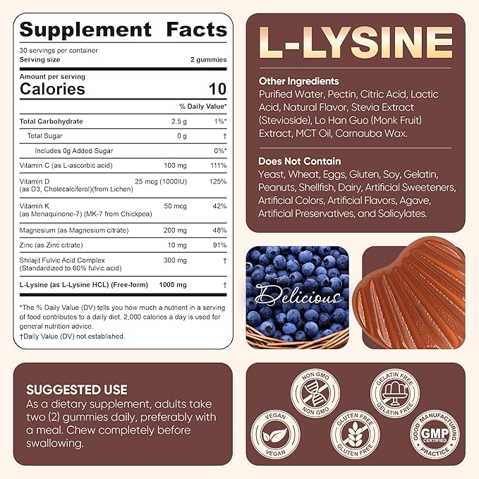 L-Lysine 1000mg/500mg Cold Sore Gummies for Adults & Kids 9+ | w/Vitamin D3, K2, C, Zinc & Magnesium | Chewable Lysine Gummy Amino Acid Supplements for Lips, Immune & Bone Health, Sugar Free, 120Cts