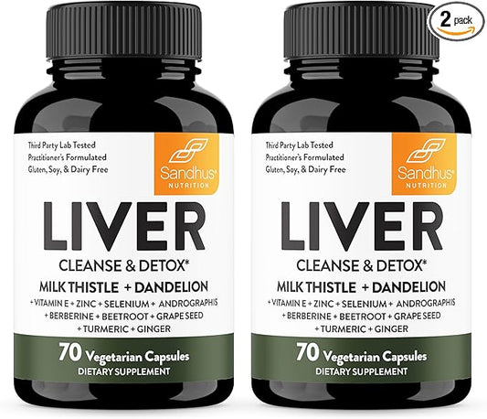 Sandhu's Liver Cleanse Detox & Repair Support | 70 Capsules (Pack of 2) | Herbal Supplement for Liver Health | Milk Thistle Dandelion Root Andrographis with 8 Minerals